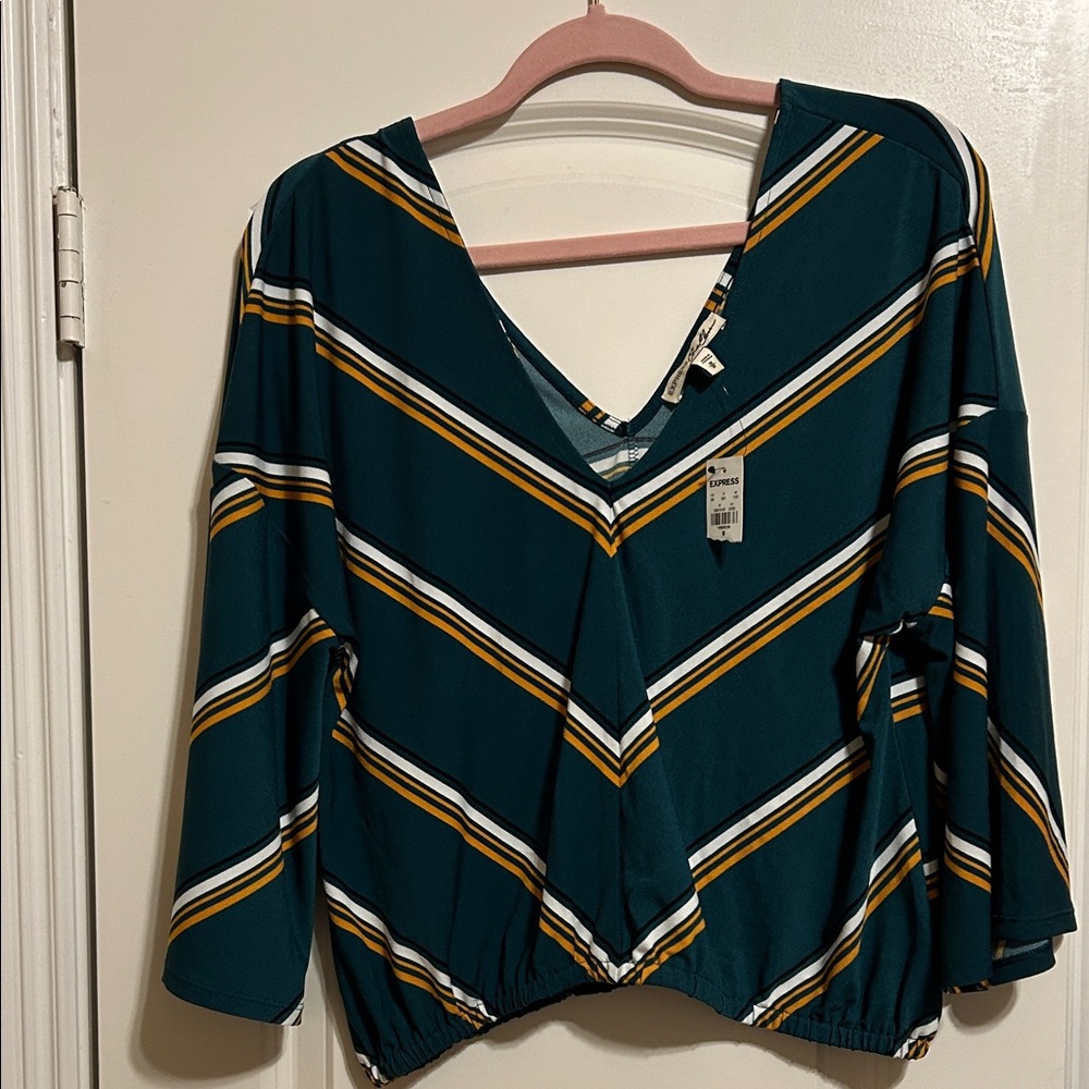 NWT Express Green Striped V-Neck Blouse